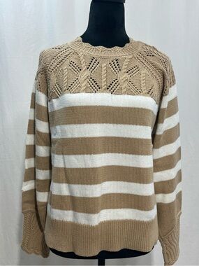 Woman’s Edelman Tan White Striped Crochet Cable Knit Yoke Crewneck Sweater 1062